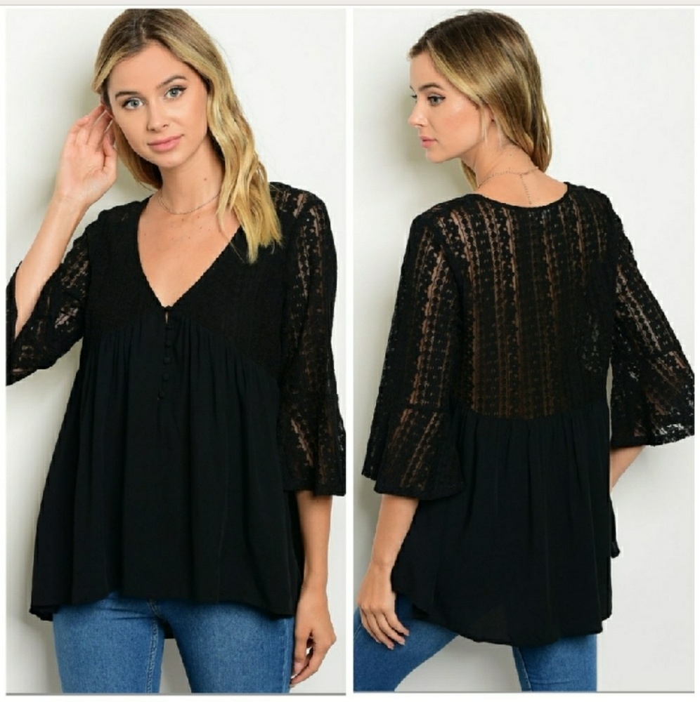 COMFORTABLE, CUTE, FLOWY Black Lacey BOHO Top